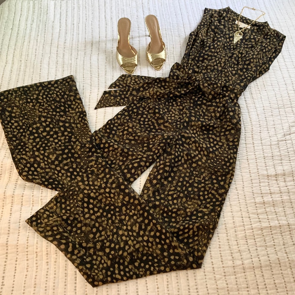 =^.^= NWT MICHAEL Michael Kors Brown Shimmer Animal Print Jumpsuit Wide Leg XS